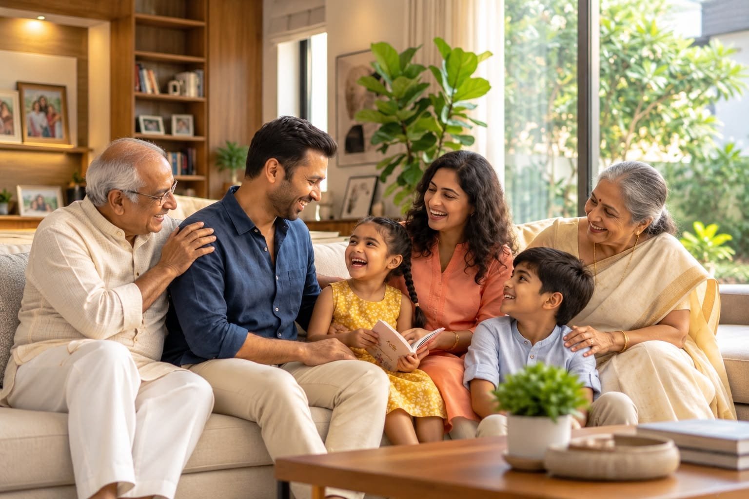 A smiling family together in the living room of their home