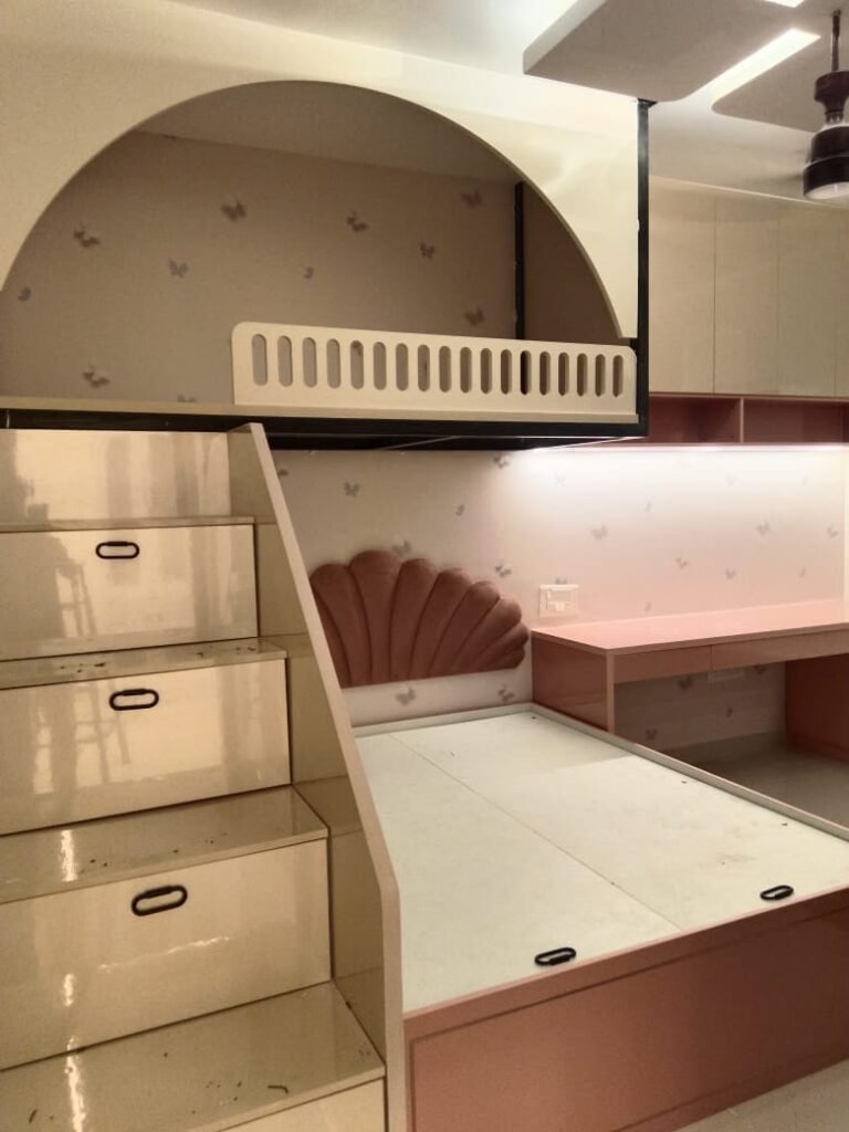 Kids bedroom with storage steps, a study desk and a padded headboard